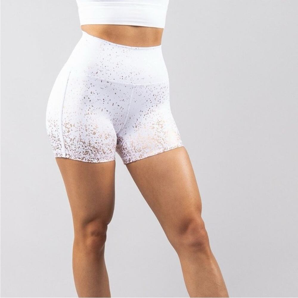 BuffBunny Melina High Rise Compression Athletic Shorts White Rose Gold Sparkle S